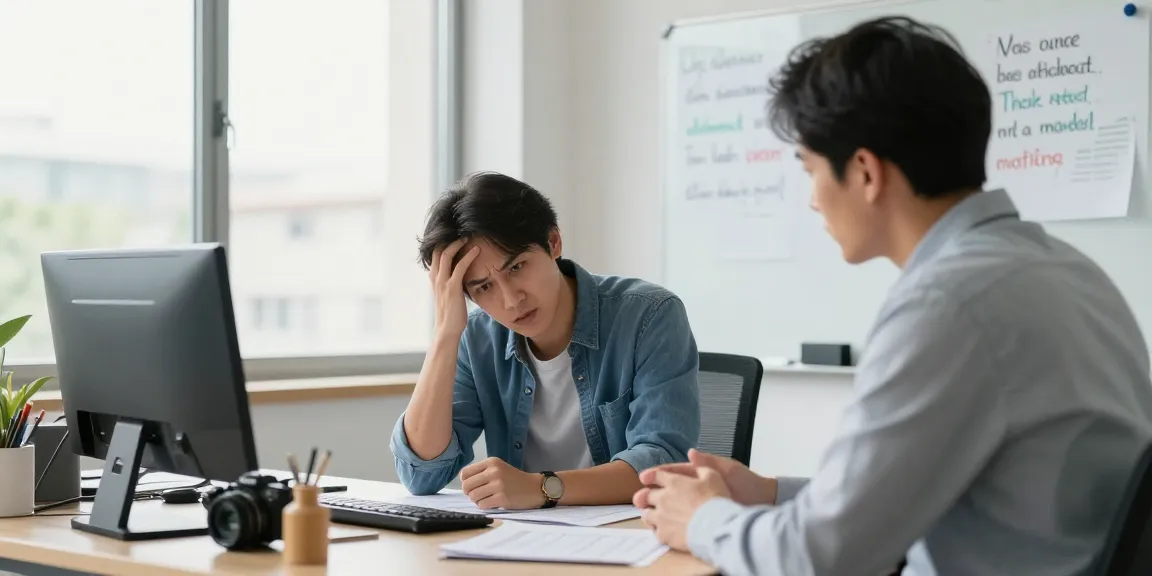 Stress mit dem Chef: Mitarbeiter spricht über Herausforderungen am Arbeitsplatz in moderner Büroumgebung.