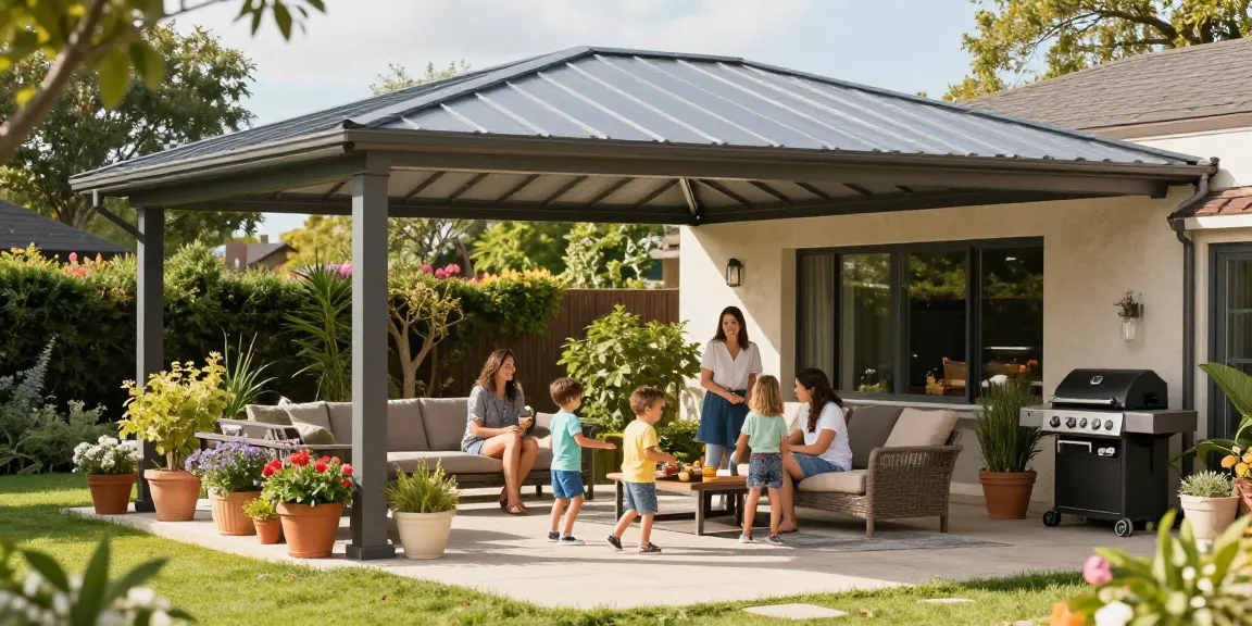 Moderne Terrassenüberdachungen schützen eine einladende Gartenlounge bei Sonnenlicht.