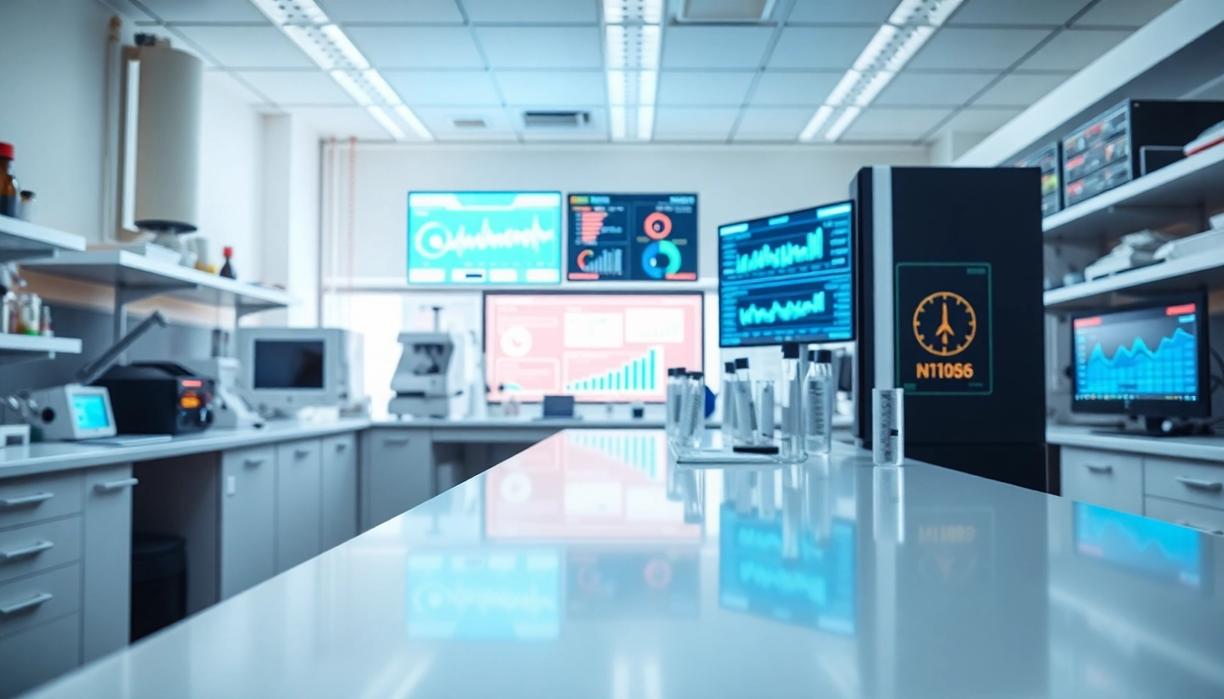 Digitale Loesungen in einem modernen Labor mit fortschrittlichen Geraeten und Datenanalyse-Displays.