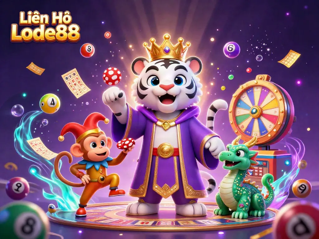 Engage with Liên Hệ Lode88 for exciting 24/7 support in a vibrant casino-inspired illustration.