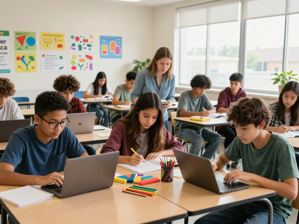 Engagierte Schüler in einem modernen Klassenzimmer, die effektiv mit digitalen Werkzeugen Hausaufgaben lösen.