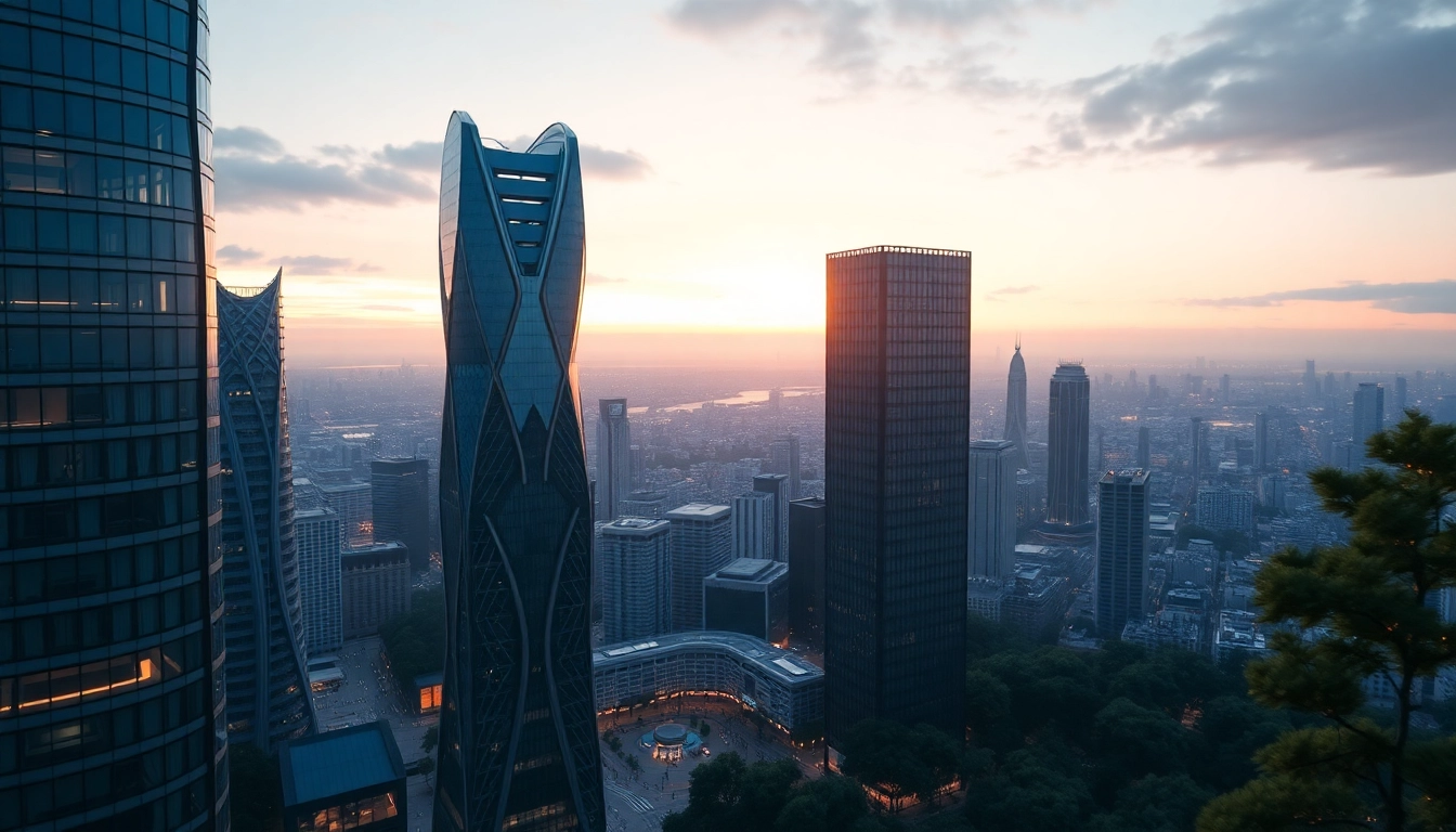 3D visualisierung einer futuristischen Stadtlandschaft bei Dämmerung mit innovativer Architektur.