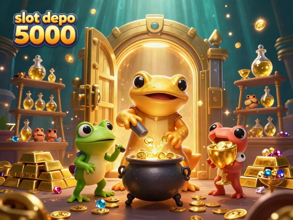 Experience slot depo 5000 excitement with alchemists and gold coins in this vibrant digital illustration.