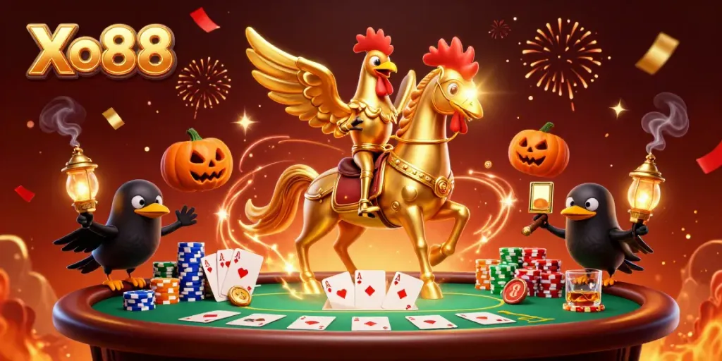 Xo88 offers a vibrant casino experience with its golden rooster characters celebrating amidst poker tables and festive elements.
