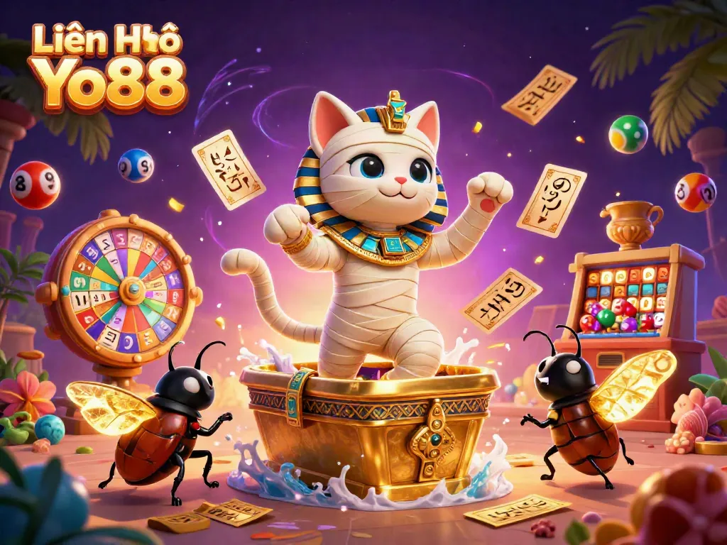 Engage with Liên Hệ Yo88 in a vibrant casino scene featuring a mummy cat and glowing scarab.