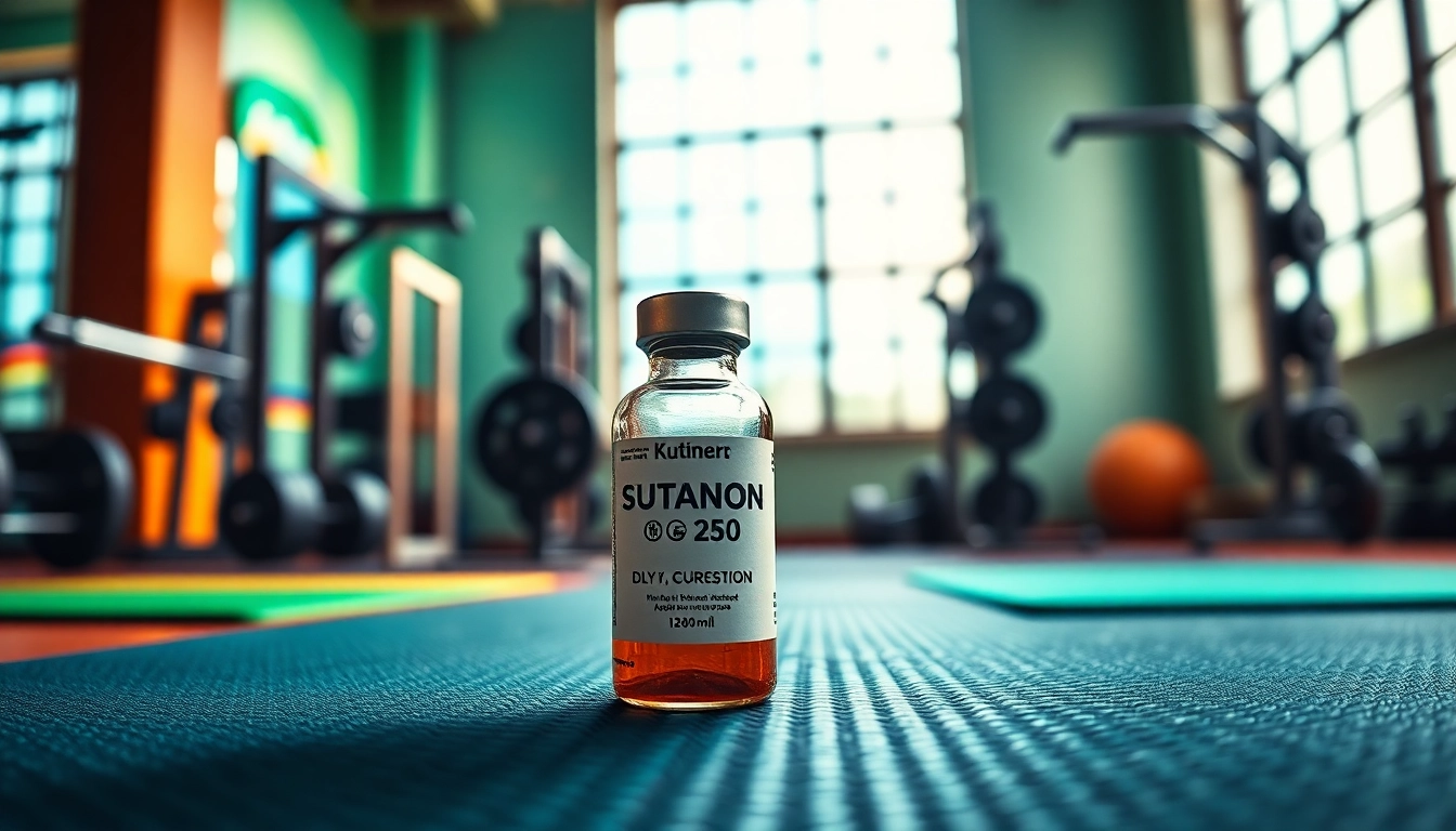 Sustanon 250 kaufen – Vial of Sustanon 250 in a dynamic gym setting, inspiring fitness enthusiasts.