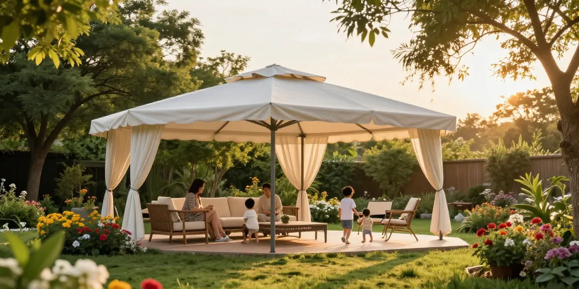 Freistehende Terrassenüberdachung mit Familie im Garten für entspannte Sommertage.