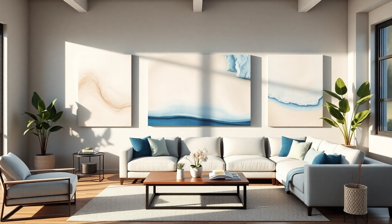 Wandbilder in einem modernen Wohnzimmer mit lebendigen Farben und entspannter Atmosphäre.