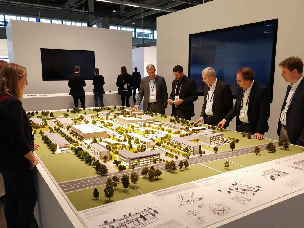 Messe- und Ausstellungsmodelle Mosolf Stuttgart 1:87 im modernen Ausstellungsraum mit Besuchern.
