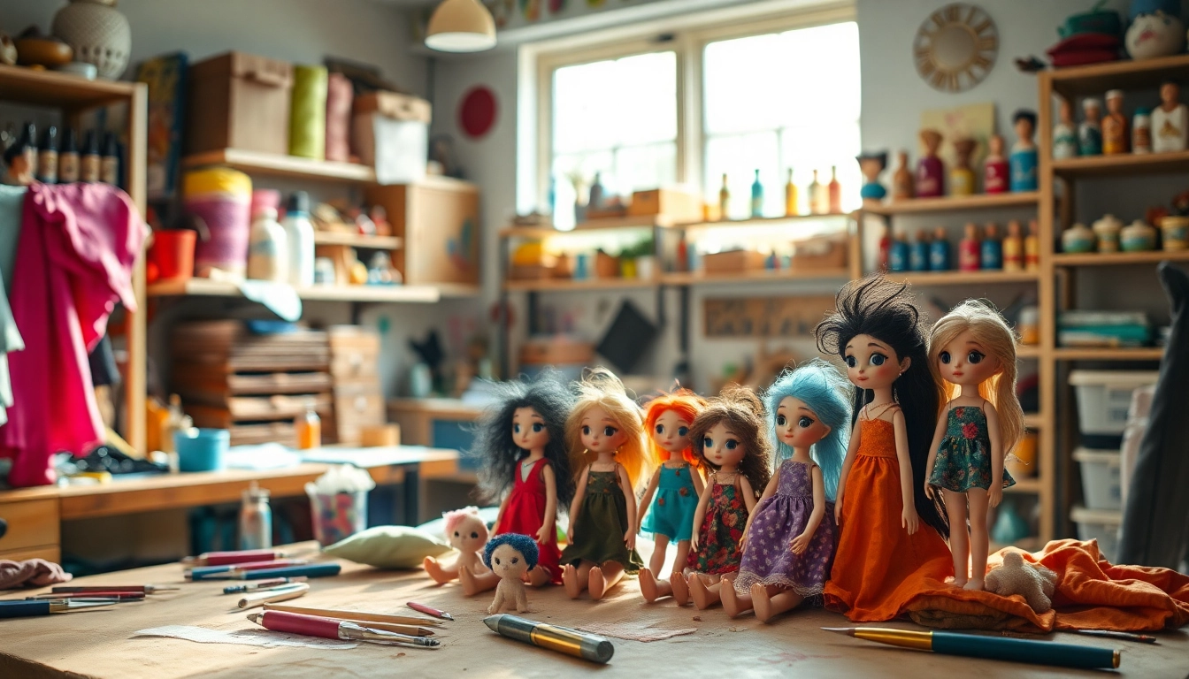 Gestalten von Gutdolls in einem kreativen Atelier mit bunten Materialien und Werkzeugen.