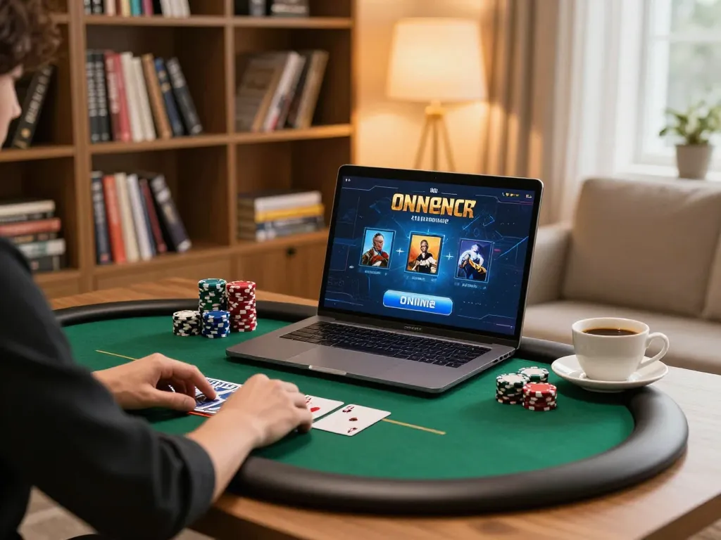 Person engaging with sc88e online poker interface in a cozy home setting.
