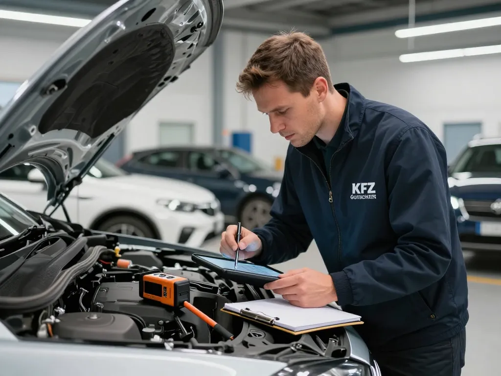 KFZ Gutachter Bonn bewertet Fahrzeugschäden mit Werkzeugen in einer professionellen Werkstatt.