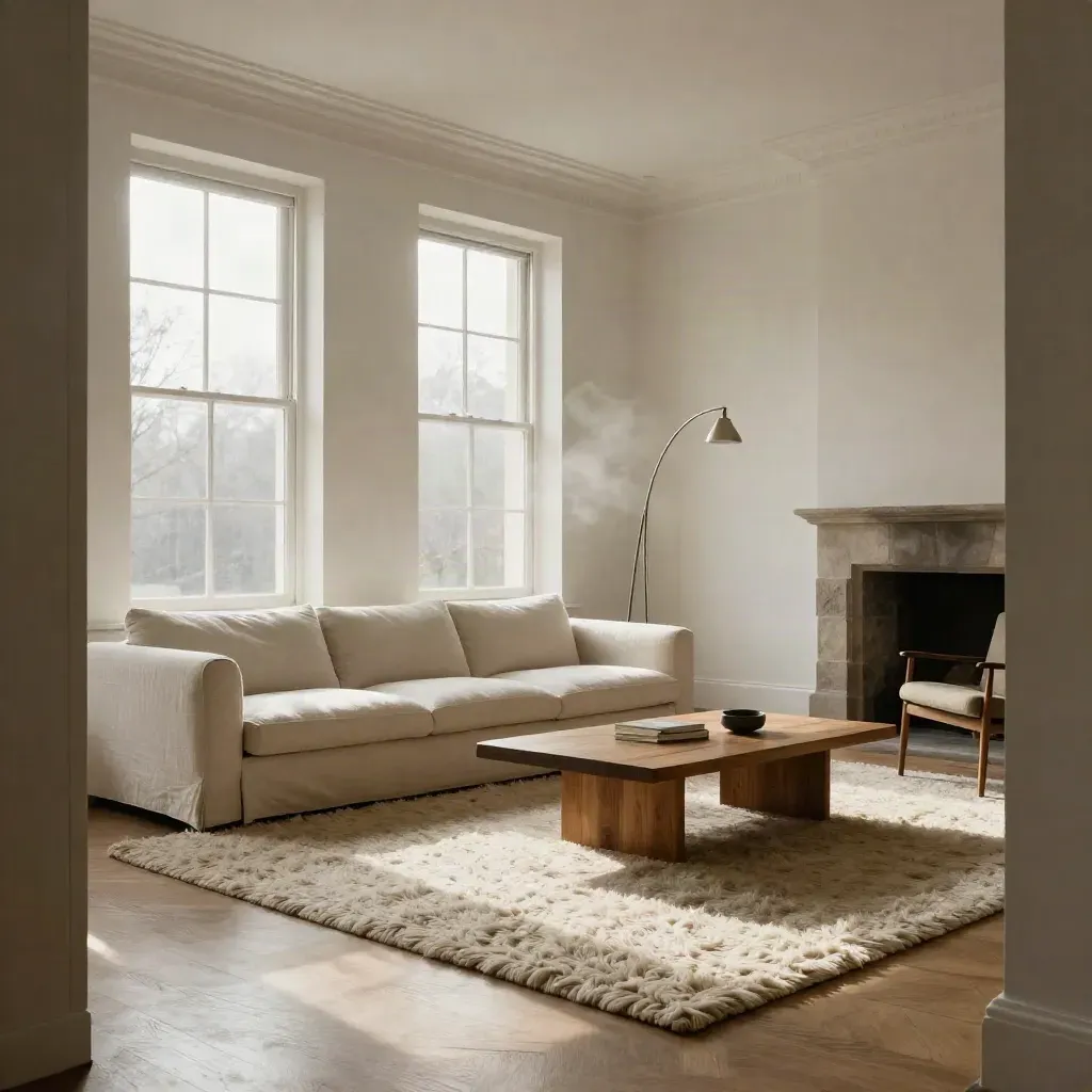 Wohnzimmer mit ivory Sofa, Eichentisch, Wollteppich und Stehleuchte im Winterlicht.