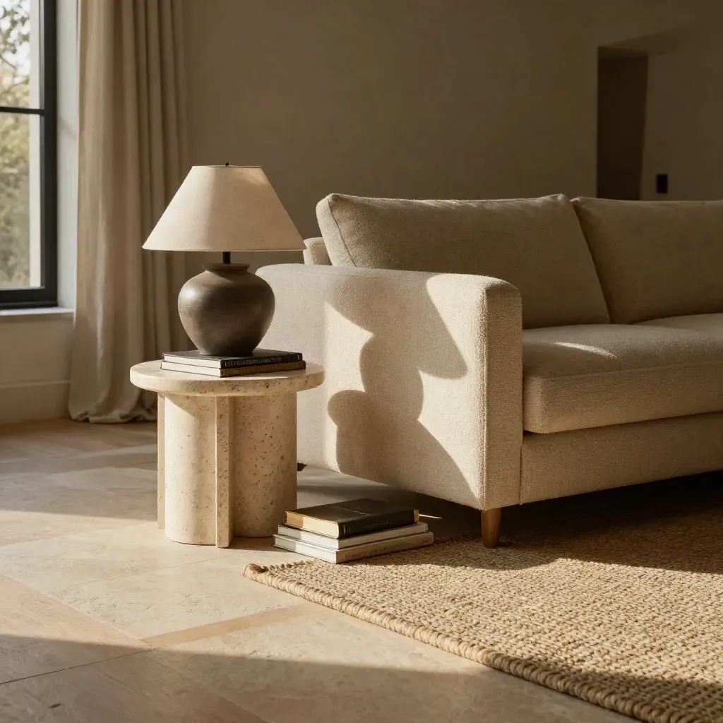 Gemütliche Wohnzimmerecke mit Bouclé-Sofa, Travertin-Tisch, Lampe und Bücherstapel.