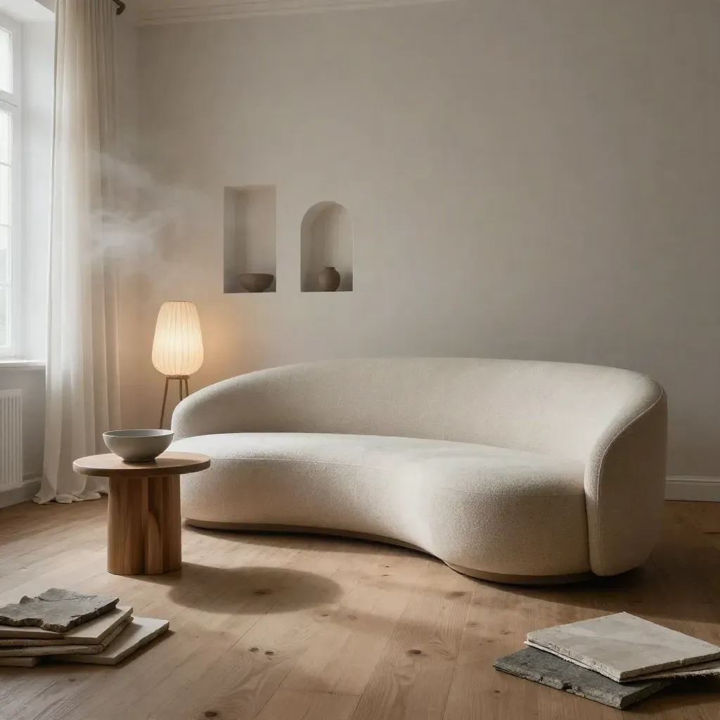 Scandinavisches Wohnzimmer mit Oat-Sofa, Holztisch, Vorhängen und Stehlampe im Abendlicht