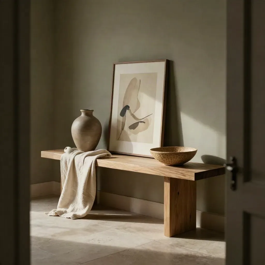Stilvoll dekorierter Eingangsbereich mit Vase, Bild und Korb auf einer Bank