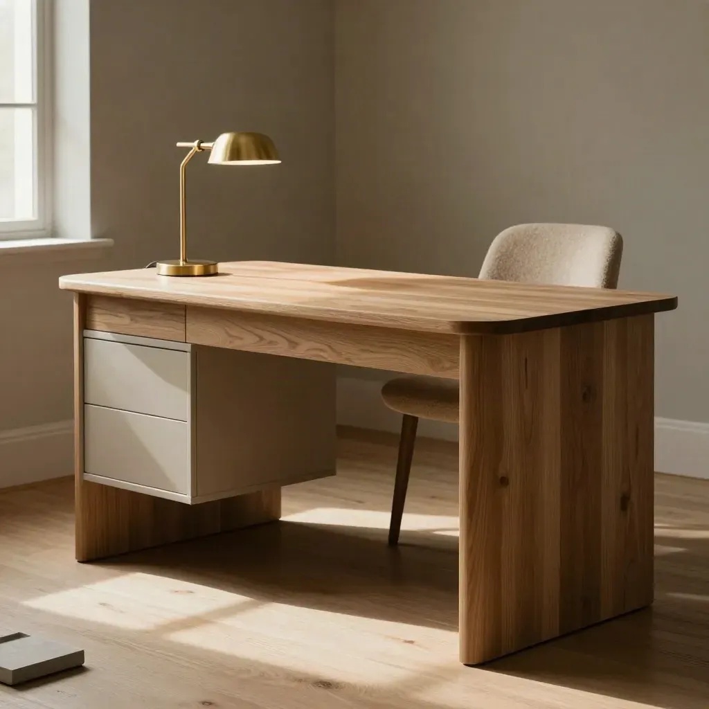 Helles Homeoffice mit Eichen-Schreibtisch, Messinglampe und Akustikpaneelen im warmen Licht