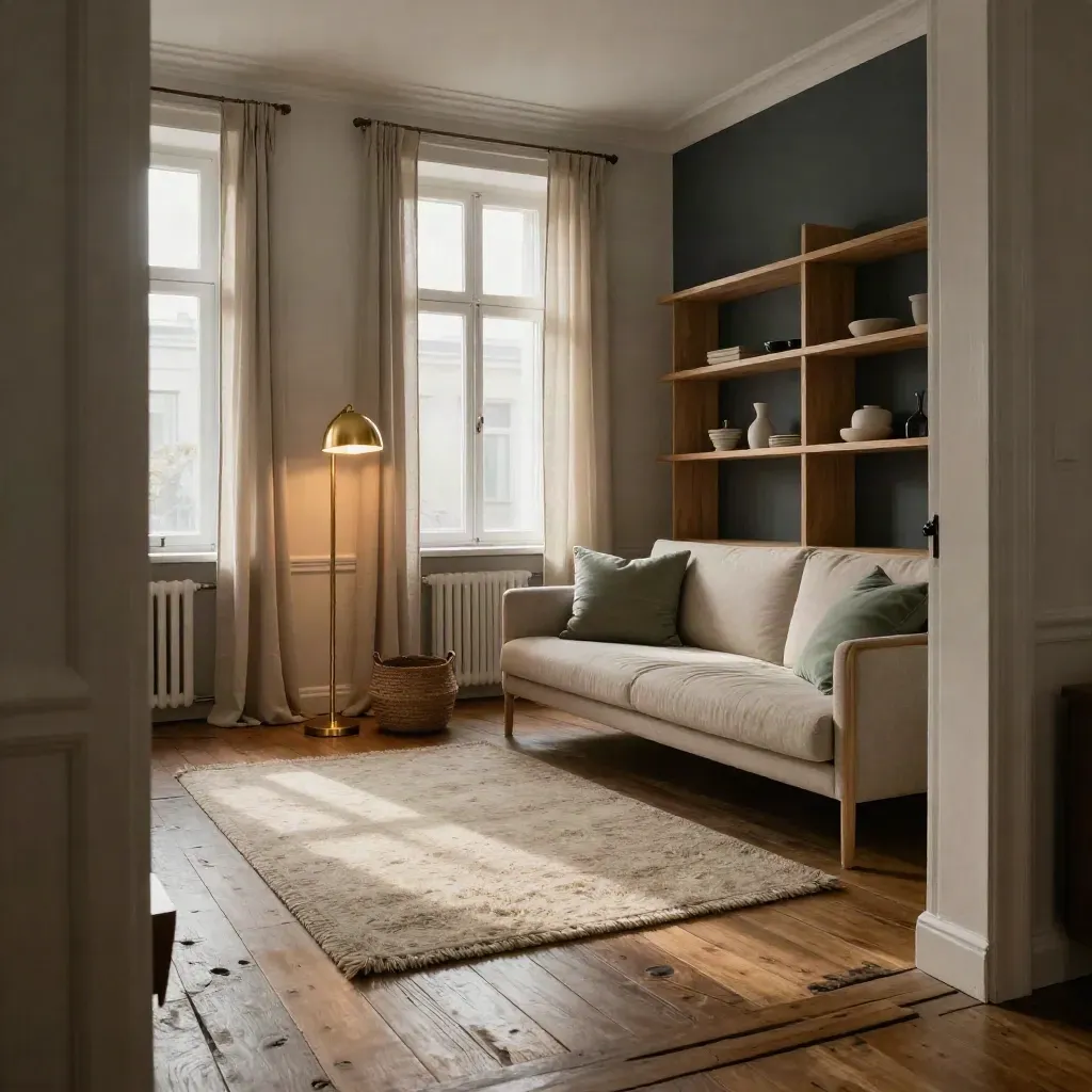 Gemütliche Berliner Mietwohnung mit Sagegrün, Regal, Sofa, Vorhängen und Wollteppich.