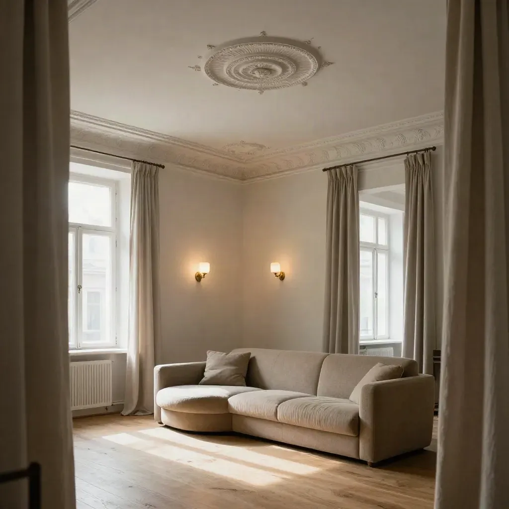 Helles Berliner Altbau-Wohnzimmer mit Stuck, Eichenboden, Leinenvorhang und beleuchtetem Sofa.