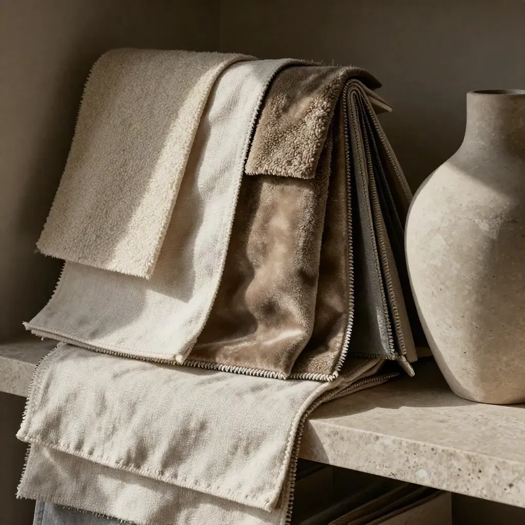 Linen-, Bouclé- und Samtproben neben Keramikfragment und Steinform im sanften Licht.