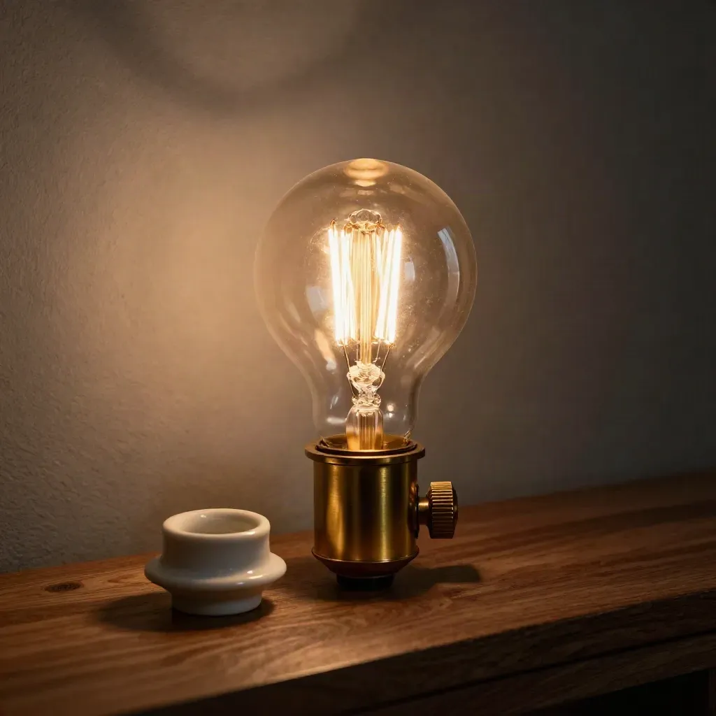 Lichtplaner-Objekte mit Glühbirne, Porzellanschale und Messingfassung im dramatischen Licht