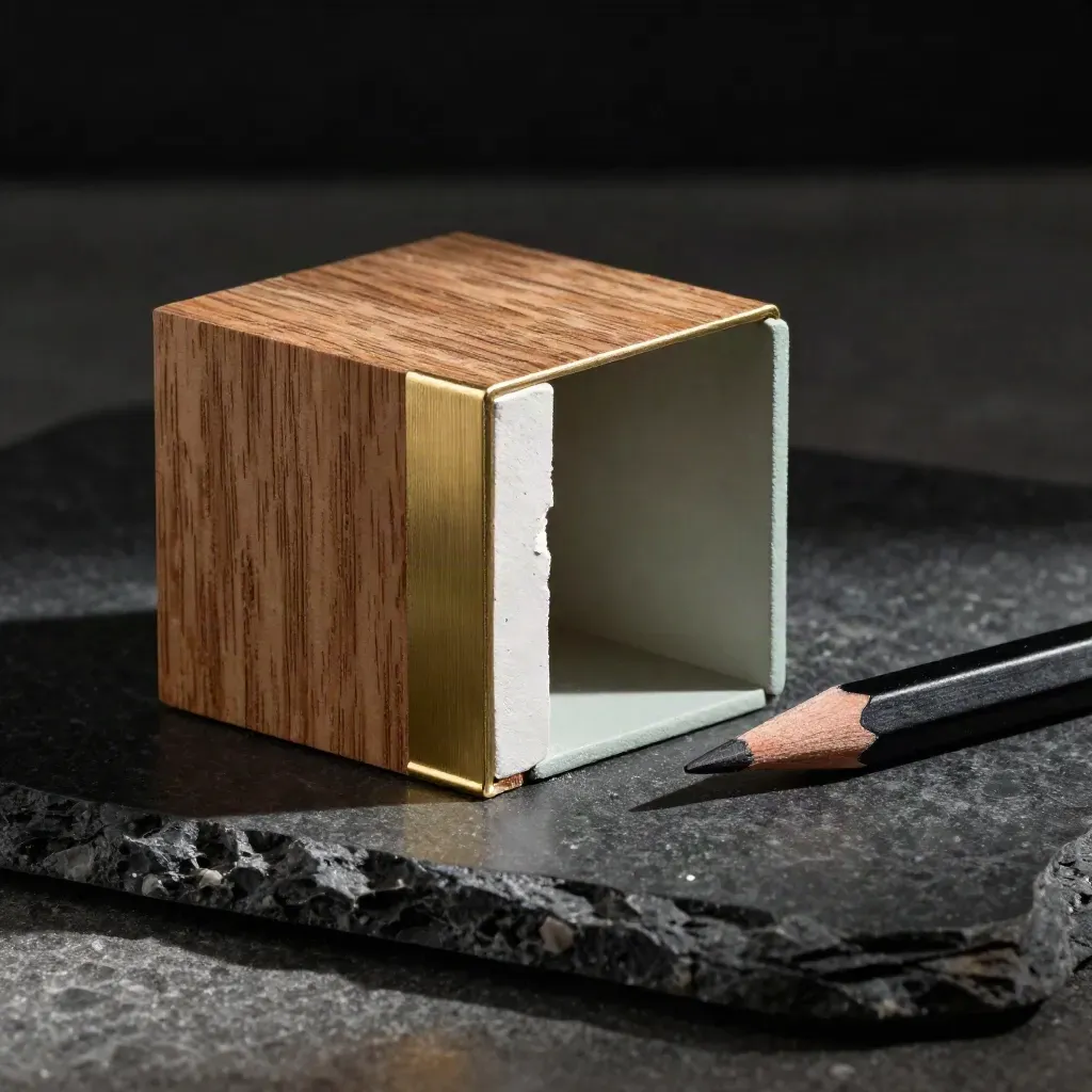 Miniatur-Raummodell aus Eiche, Putz, Messing und Schiefer mit Bleistift