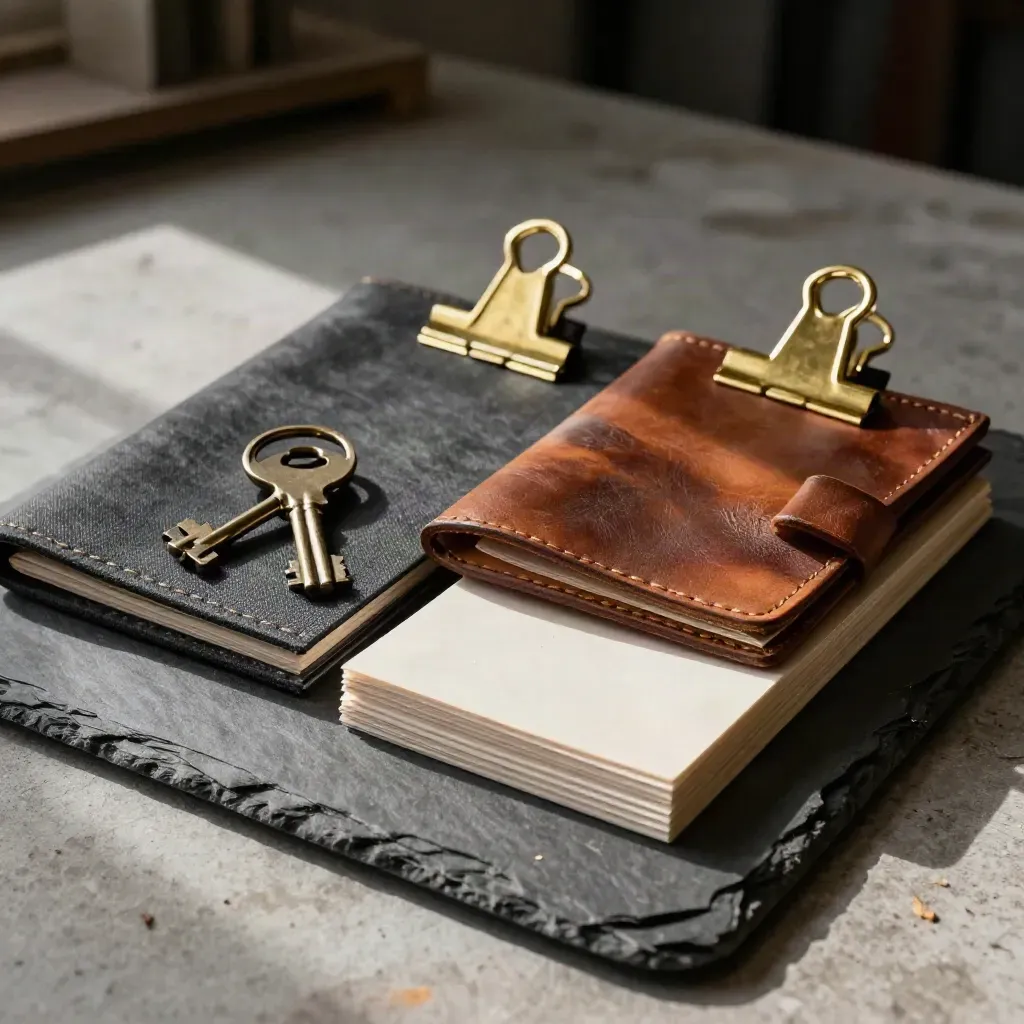 Koordinations-Set mit Mappen, Messingclips, Schlüsseln und Materialkarten auf Schiefer.