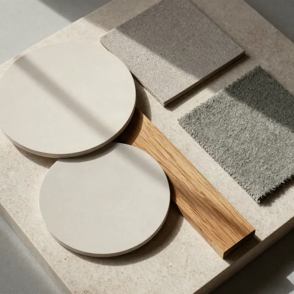 Plaster-Farbchips, Wollproben und Eichenholz auf Stein für ein Raumkonzept.