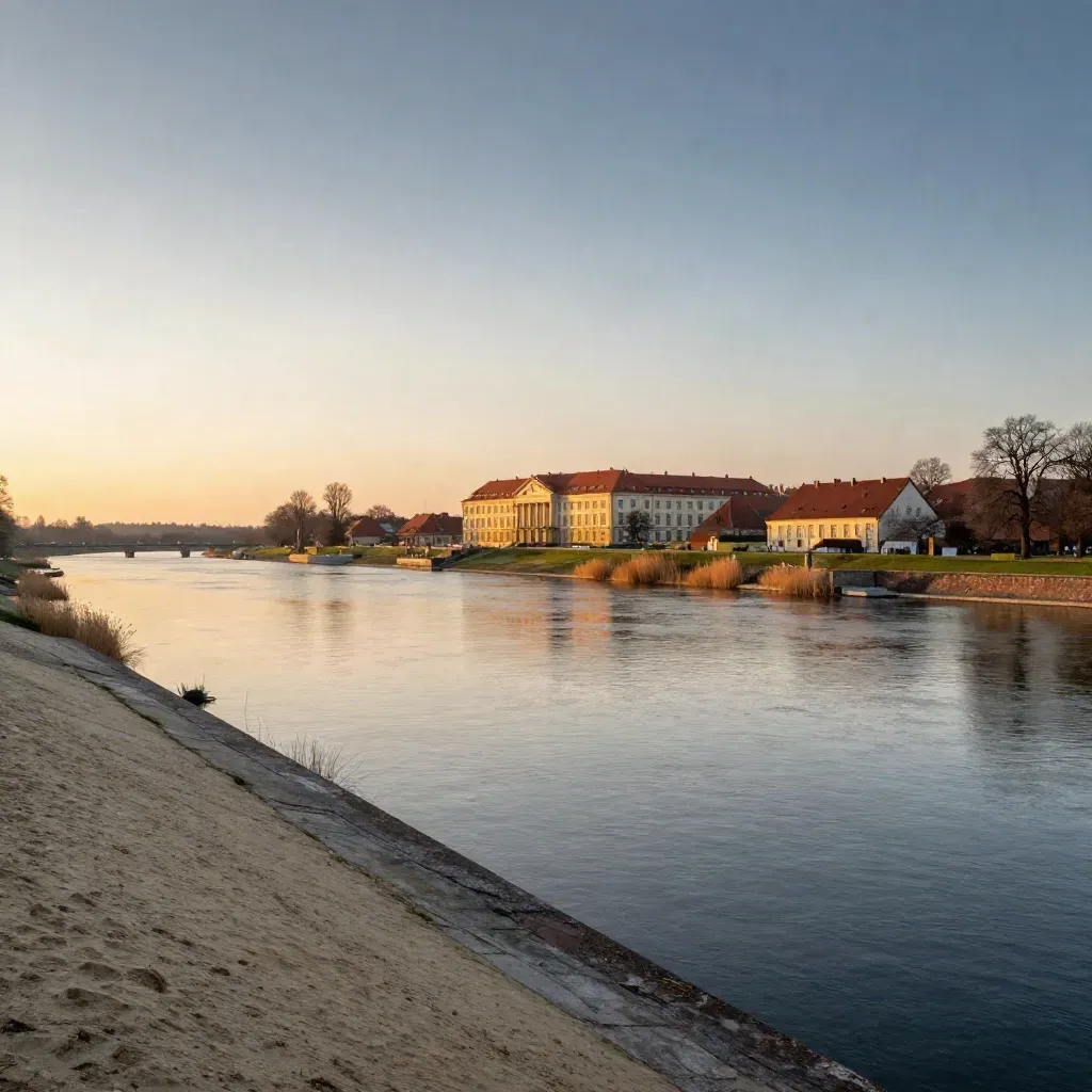 Blick auf die Havel in Potsdam mit Palastsilhouette im goldenen Abendlicht.