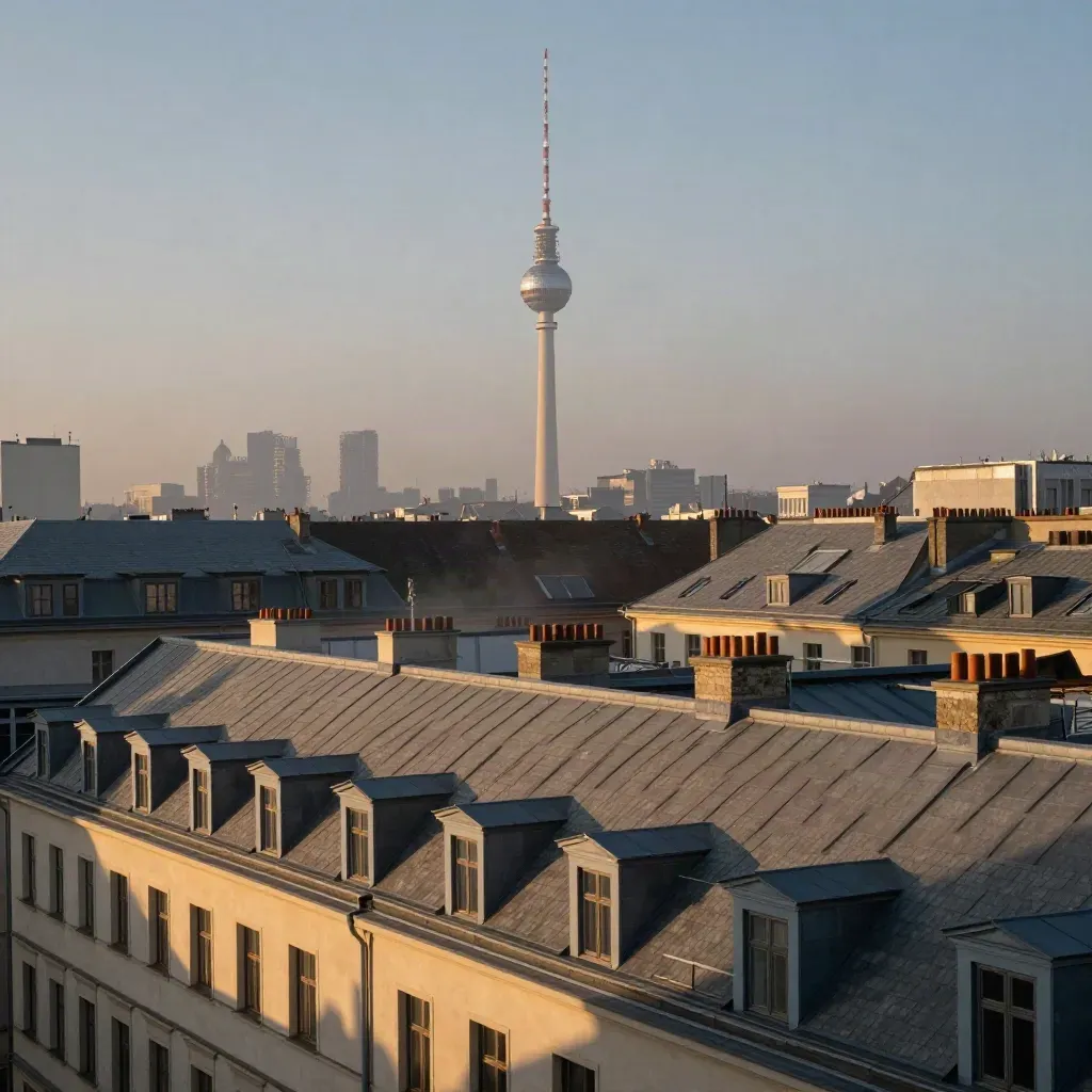 Berliner Skyline mit Fernsehturm im Morgennebel über ruhigen Dächern