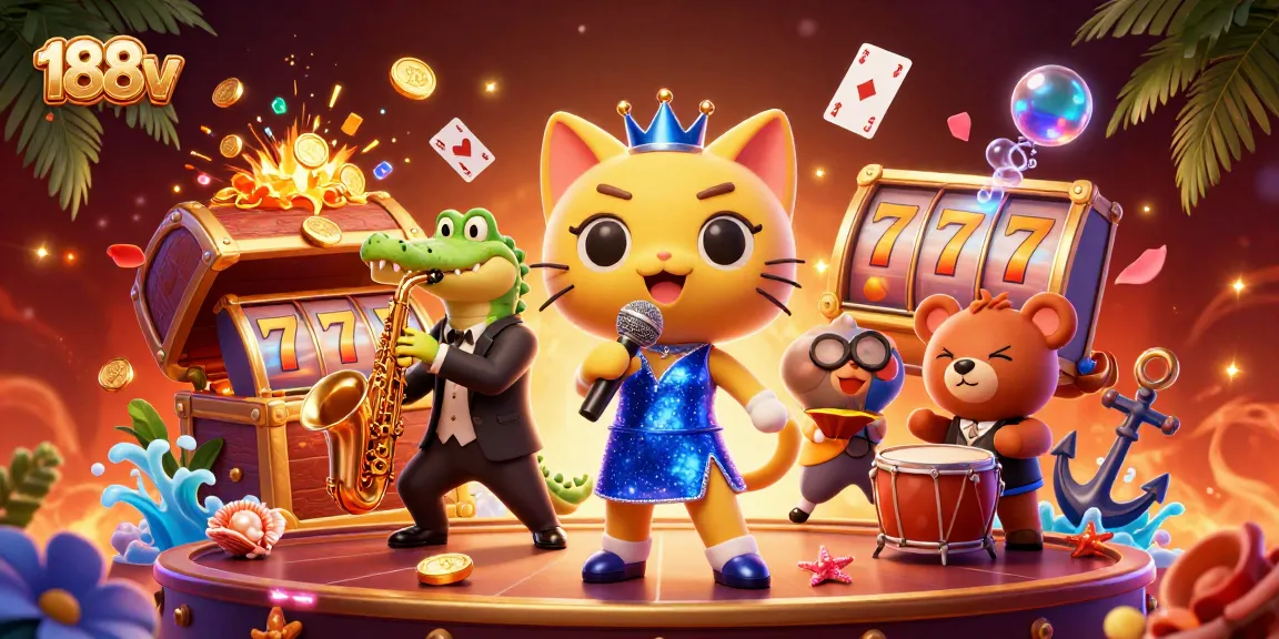 Experience the excitement of 188v casino with a lively cartoon scene featuring vibrant characters and slot reels.