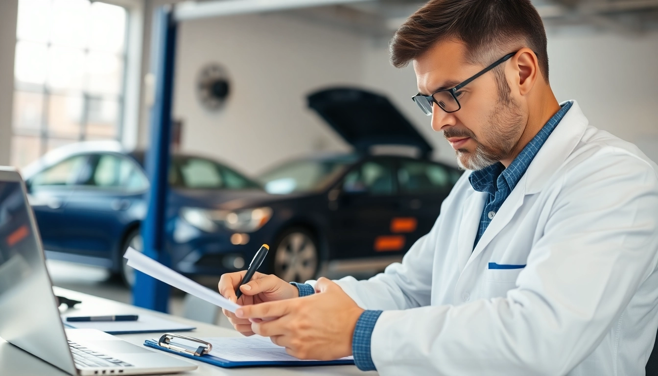 Kfz Gutachter Düsseldorf bei der Fahrzeugbewertung in einem professionellen Büro.