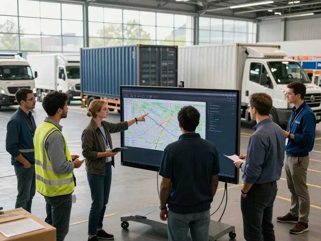 Transportunternehmen in Düsseldorf: Modernes Logistikzentrum mit Teamarbeit und innovativen Technologien für effiziente Transporte.