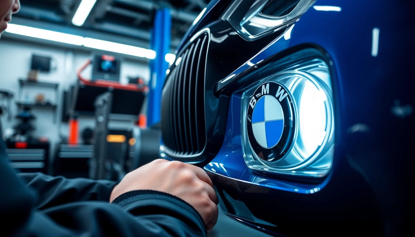 BMW Nachrüstung Installation in progress at a modern workshop with a technician working meticulously.