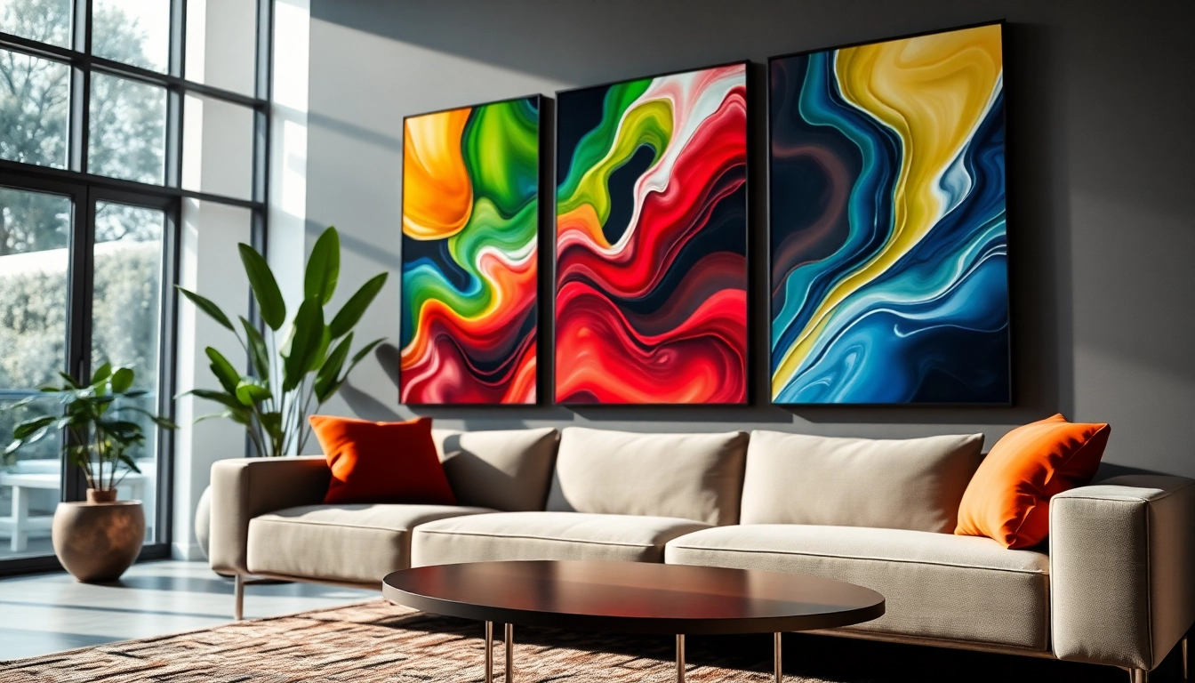 Vibrante wandbilder in einem modernen Wohnraum mit stilvollem Design.