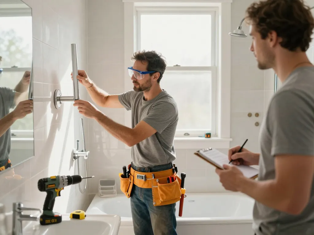 Erfahrene Badsanierung in der Nähe, Auftragnehmer renoviert ein Badezimmer mit modernen Armaturen in einem hellen Raum.