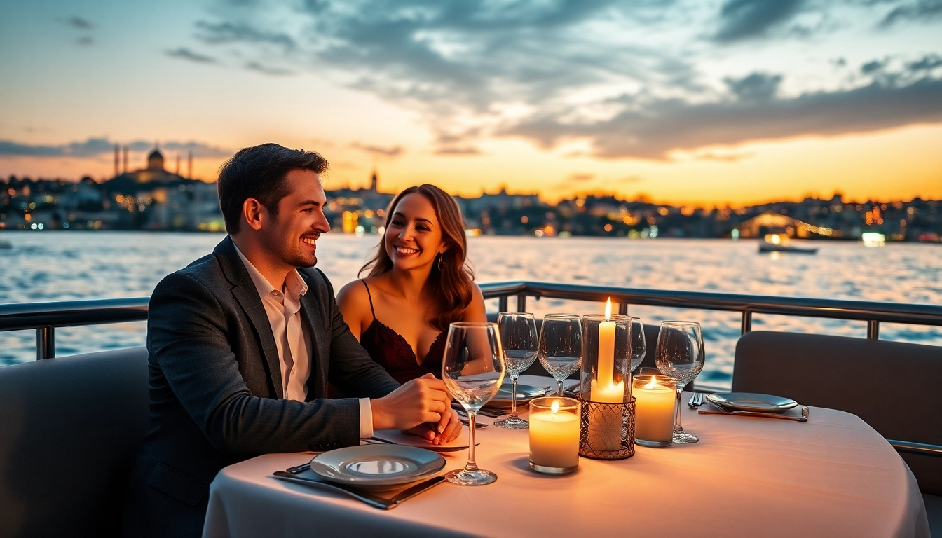 Bosphorus dinner cruise with a romantic couple on a yacht during sunset in Istanbul.