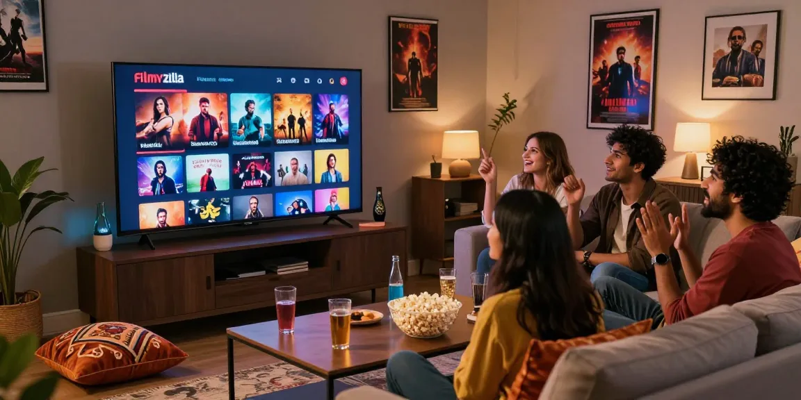 Friends enjoying a movie night using Filmyzilla, showcasing diverse films and a cozy setting.