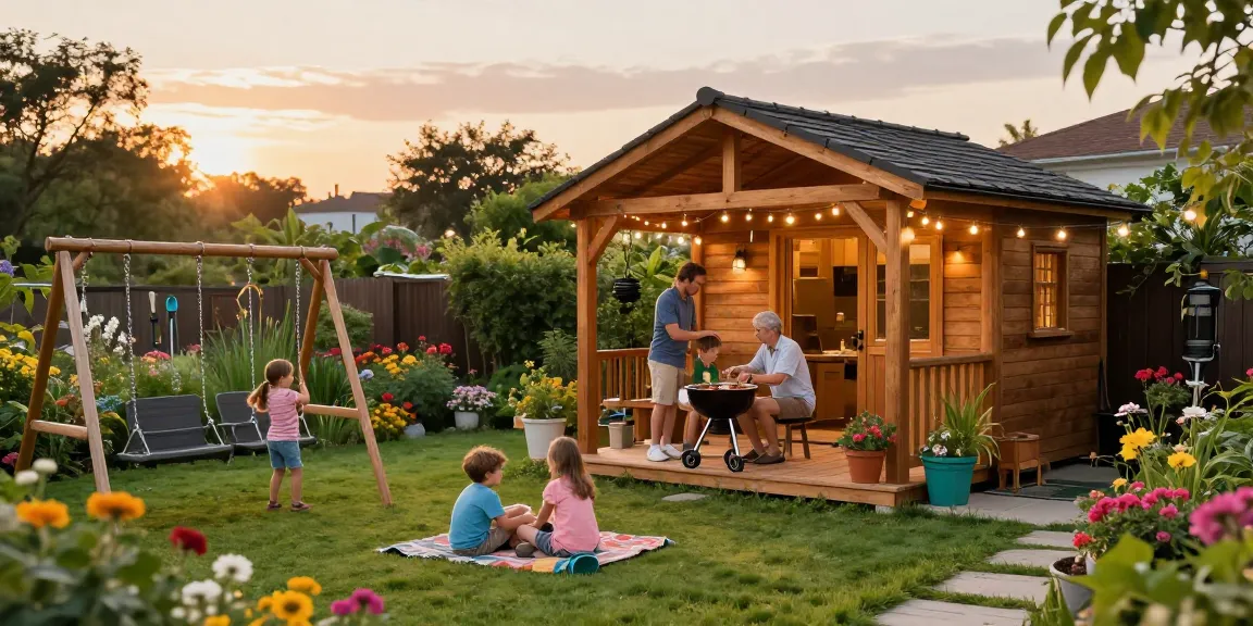 Gartenhäuser in schöner Gartenlandschaft mit Familie und Blumen.