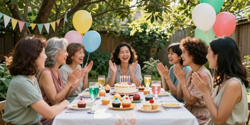 Vrouwen vieren een verjaardag met inspirerende ideeën voor een mooie verjaardag, kleurrijke taarten en vrolijke momenten.