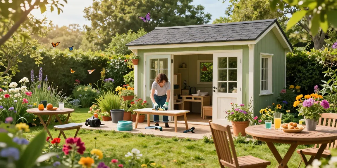 Garten Haus im Blumengarten mit Möbelaufbau für eine einladende Atmosphäre.