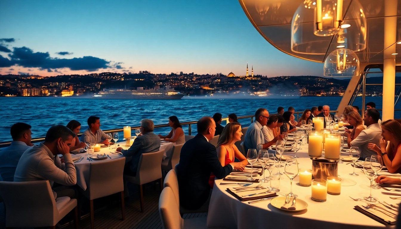 Bosphorus dinner cruise mit eleganten Gästen, festlich beleuchteten Tischen und der Skyline von Istanbul im Hintergrund.