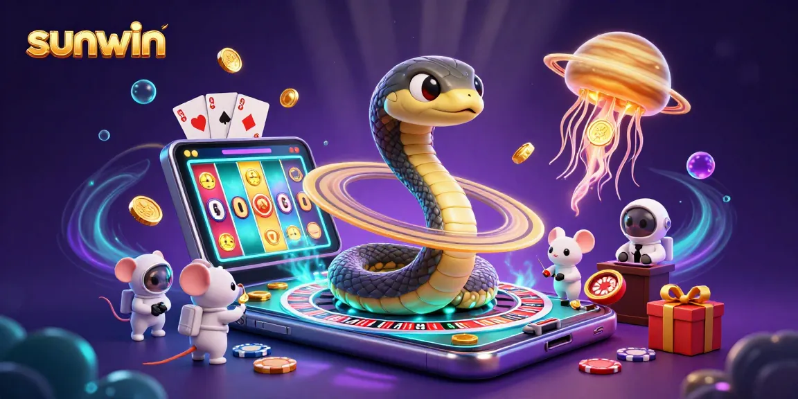 Experience thrilling games with sunwin as cartoony characters gamble in a cosmic casino.