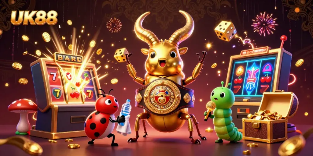UK88 showcases an energetic casino scene with a glowing stag beetle champion amidst slot machines and vibrant game elements.