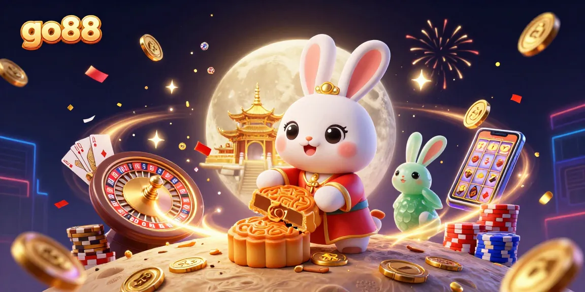 Experience the thrill of go88 as the moon rabbit reveals poker chip treasures in this dazzling casino illustration.