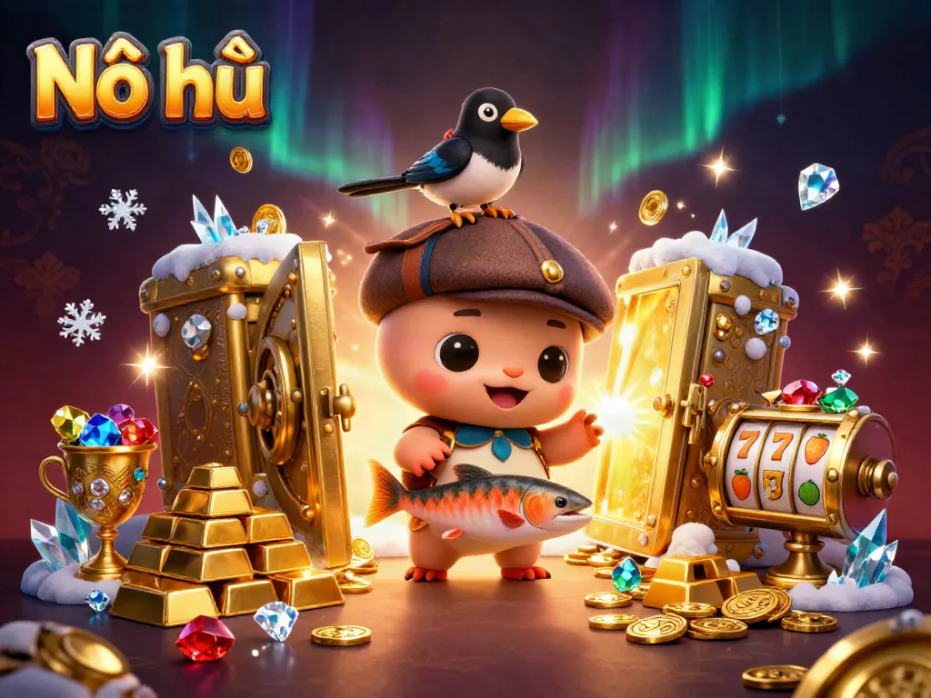 Nổ hũ jackpot scene with baby Nessie, magpie, and vibrant gold treasures at Max88