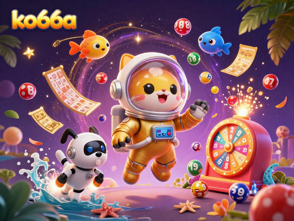 Engage with the vibrant universe of ko66a, featuring a space astronaut cat and a robot dog amidst dynamic gambling elements.