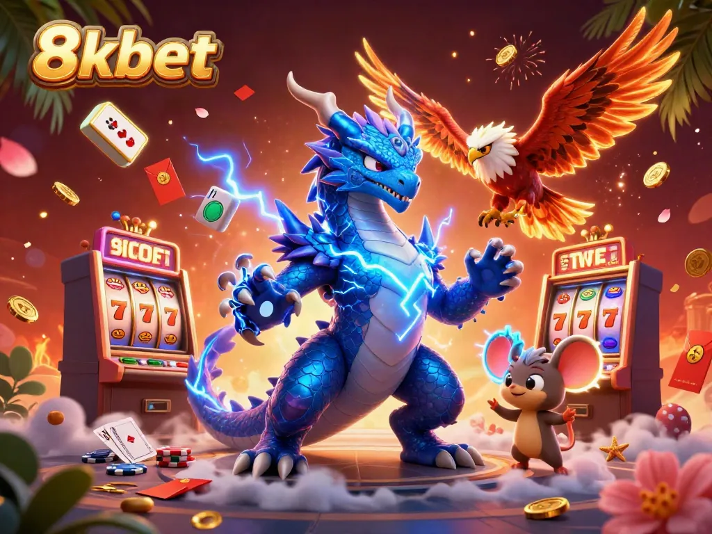 Experience thrilling gameplay at 8xbet with electric characters and dynamic slot machines in a vibrant casino scene.