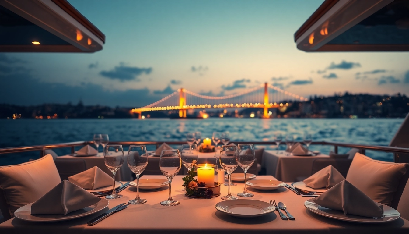 Bosphorus dinner cruise with elegant dining setup and glowing skyline at twilight.