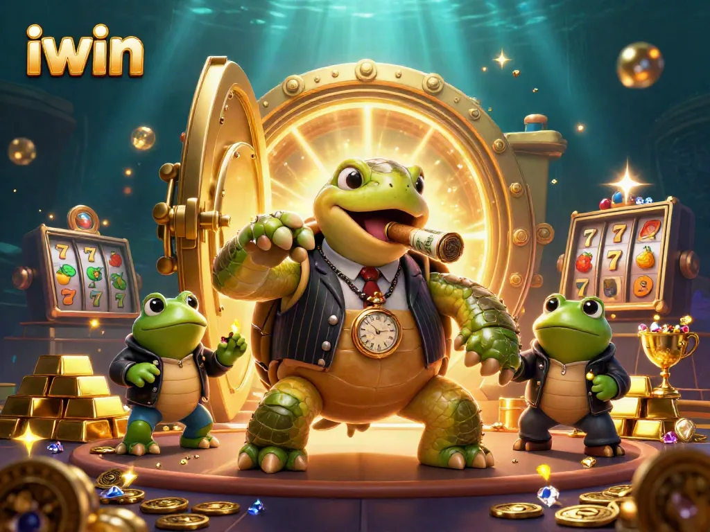 Play thrilling iwin casino slots with a cartoon turtle and frog gang surrounding golden treasures.